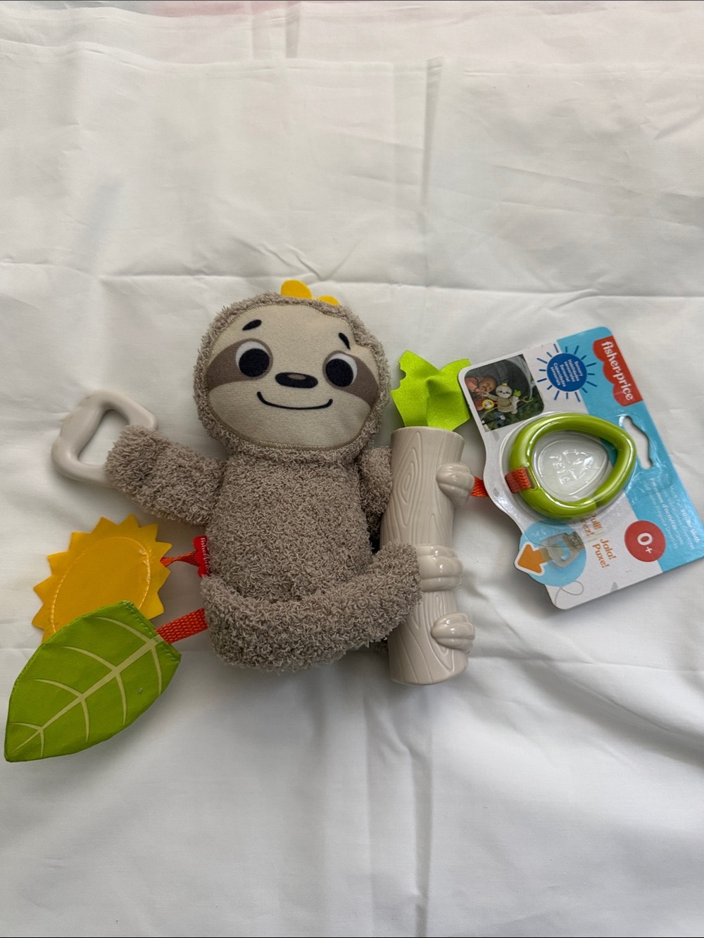 Fisher-Price Gray Sloth Plush Activity Toy with Green Leaf and Yellow Sun